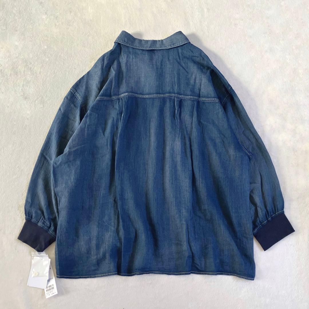 新品　DOUDOU 袖リブシアーデニムシャツ　ブルー