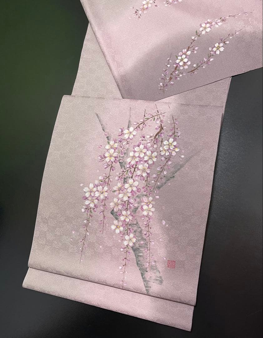 お仕立て付き【特選手描き友禅染帯◆枝垂れ桜】淡い紅藤色