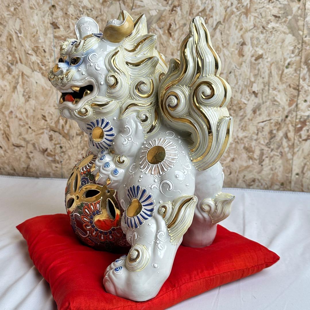 レア品 美品 九谷焼 玉乗り 狛犬 獅子 シーサー 白 縁起物 置物 陶器