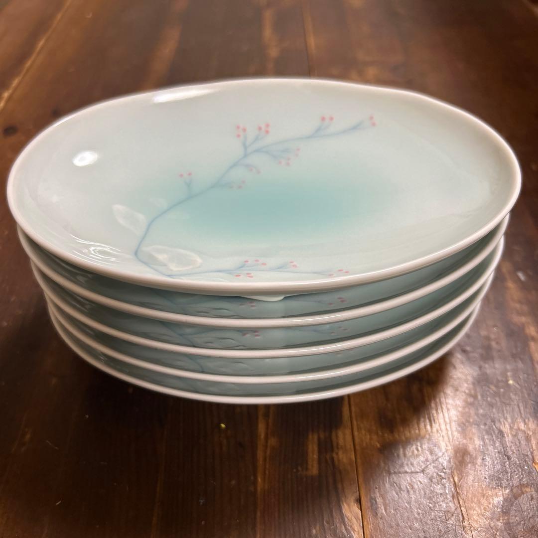 特選 有田焼 藤巻製陶　藤巻窯　青白磁　南天模様　平皿 5枚　 オーバル　料亭