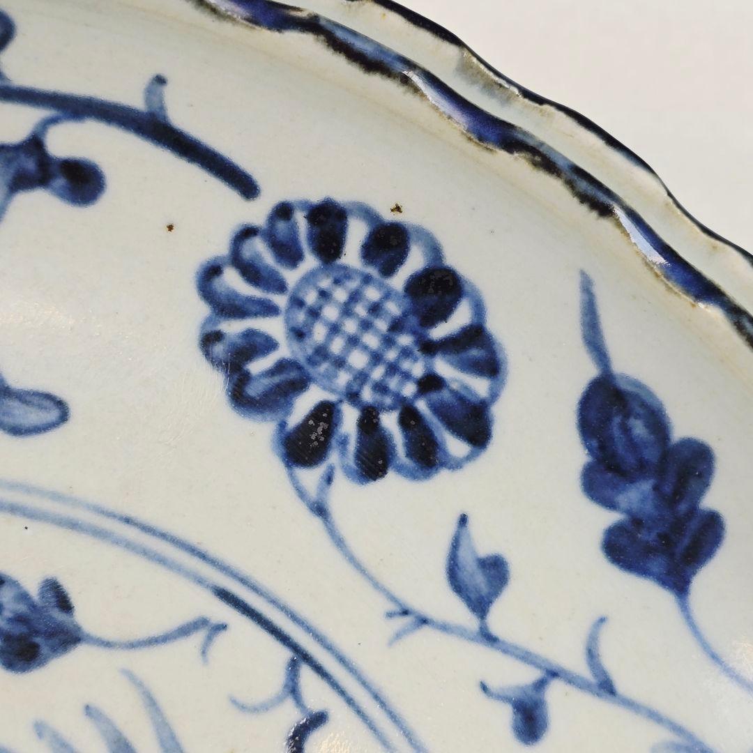 舶来古磁 青花染付 蘇麻離青釉 手絵 鳳紋花卉図 底海水紋 観賞皿 在銘