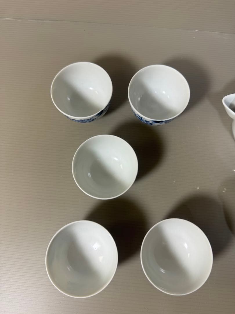 2334 平安草仙　染付青花　茶器セット　宝瓶1客　湯冷し1客　湯呑5客　鉢付き