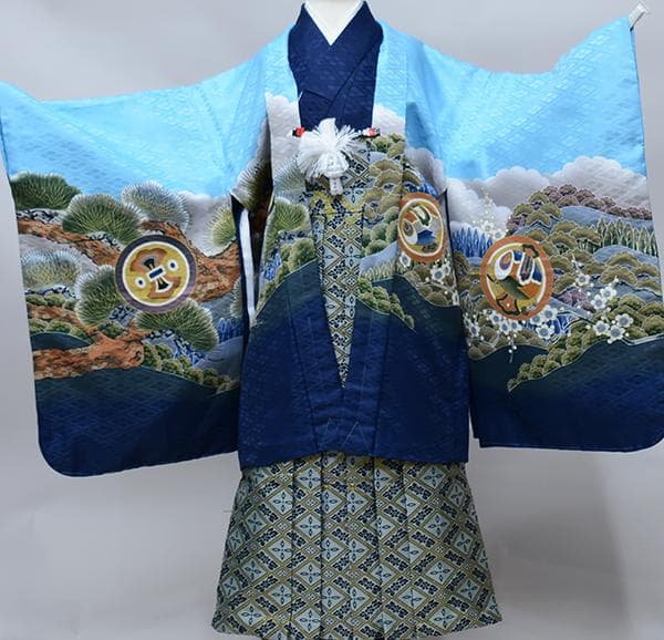 七五三 五歳 男児 羽織袴フルセット 鷹 水色地 紋袴 袴変更可 NO38783