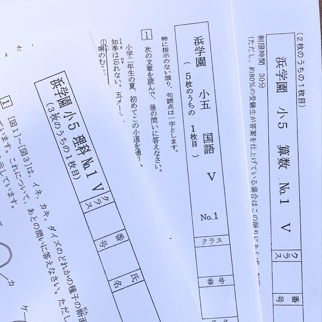 浜学園　小5 2023年度　3科目　解答用紙付　Vクラス　復習テスト 国算理
