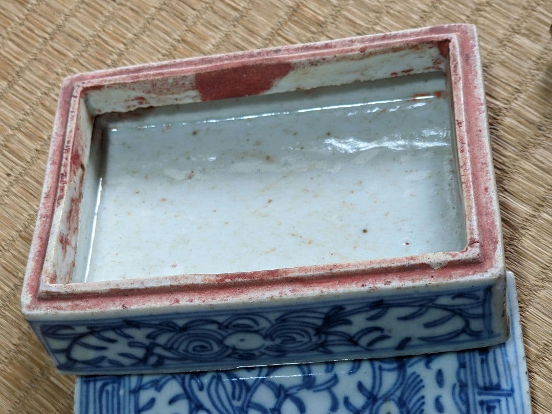 ♦中国古陶磁 青花 長方形印盒 盒子 染付 印泥入 古玩 古美術品 骨董品