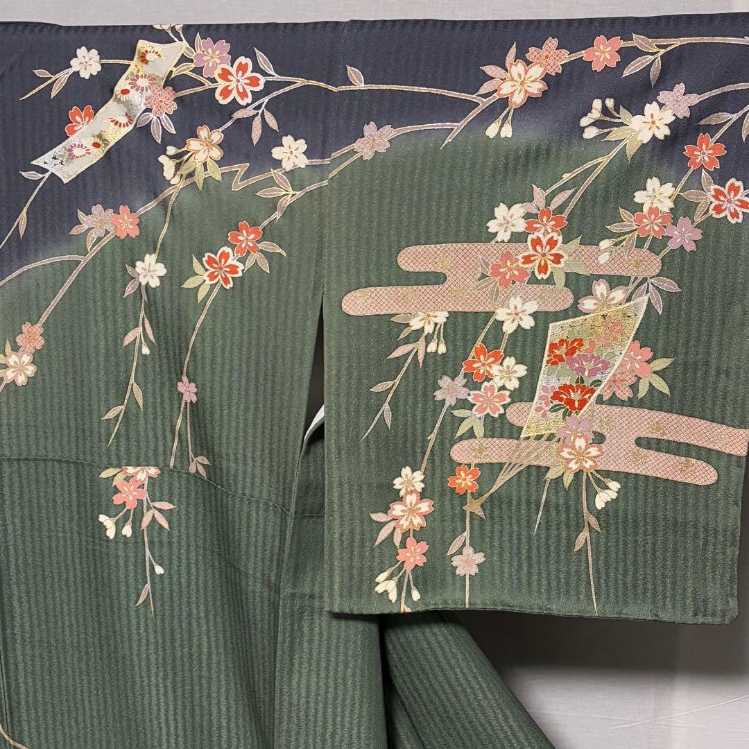 D233 訪問着　枝垂れ桜　金彩　正絹　着物　袷　しつけ糸付き未使用極美品