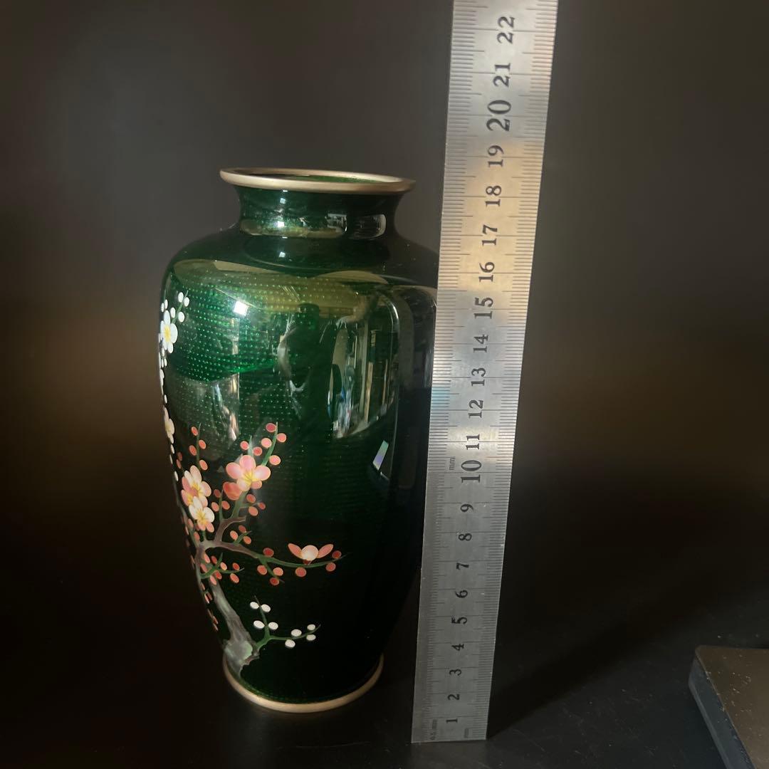 安藤七宝焼　梅菊竹　珍しい深緑系　花入れ　花瓶　華道　刻印有　極上工芸　金属工芸