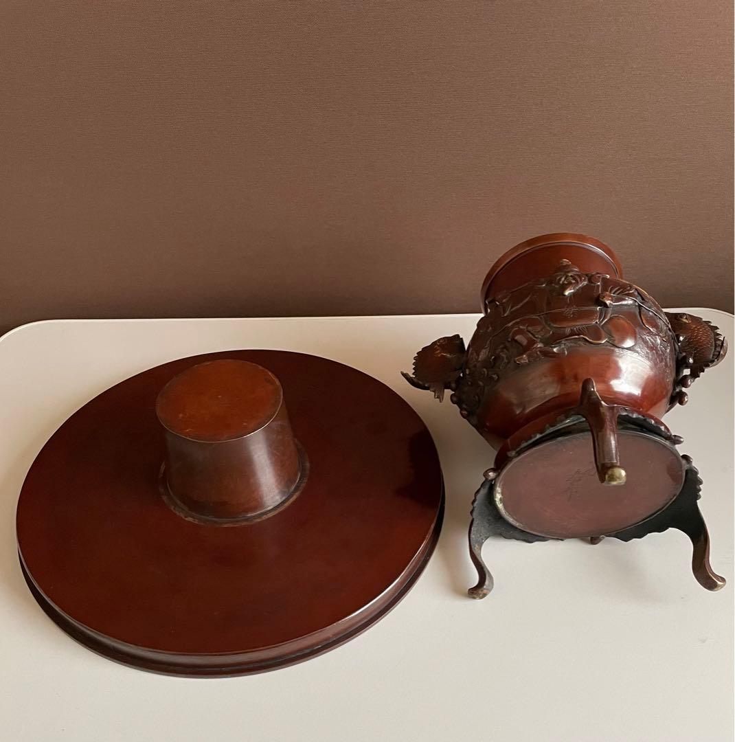 シ*イ様 銅花器 薄端 金工師 五郎三郎 恵比寿文 鯛彫双耳 三足 重さ3.6k