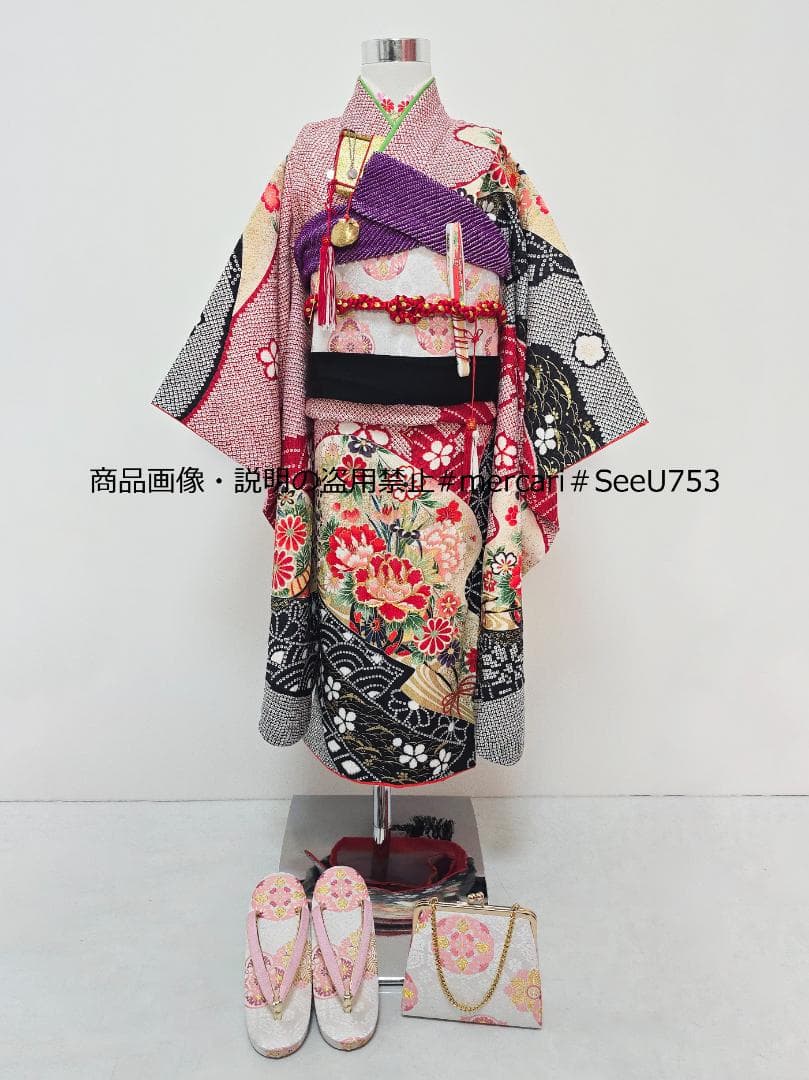 七五三　7歳　 正絹　総絞り風　着物　フルセット　女の子 d02