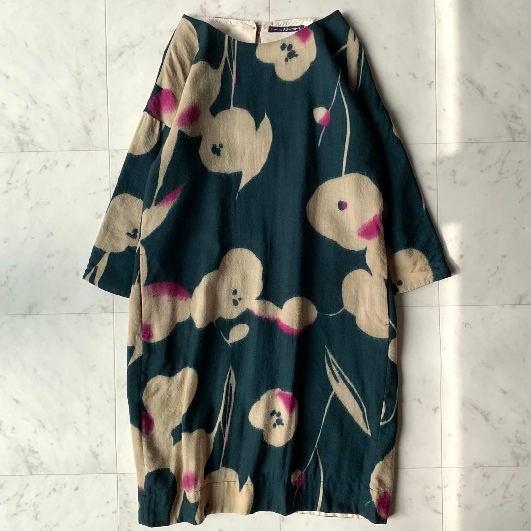 美品 パラスパレス 花柄ワンピース ウールワンピース ダークグリーン 日本製