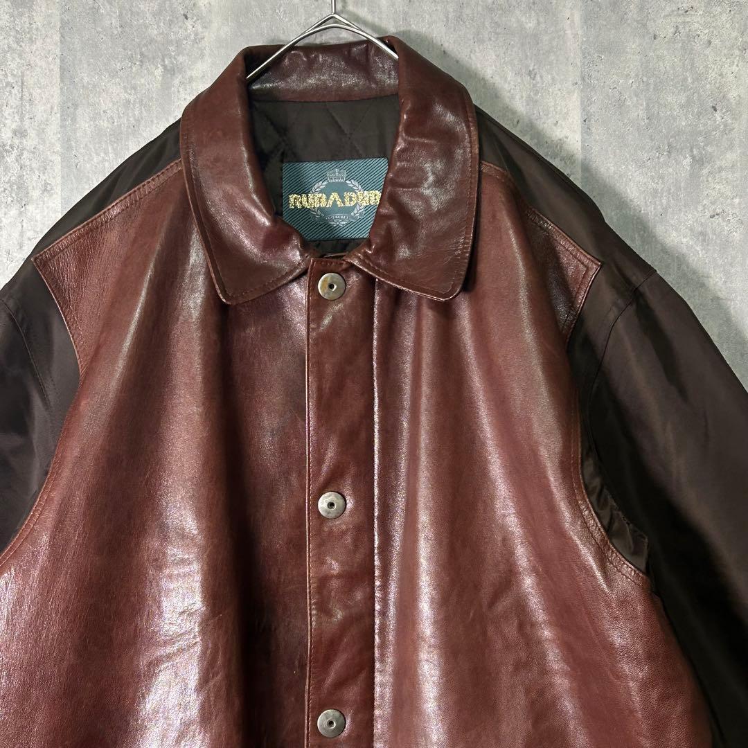 激渋 レザー 切替 カバーオール 本革 中綿 ヴィンテージ 茶色