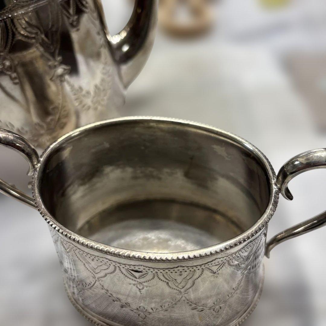 イギリス製　アンティーク　シルバーポットティーセット　トレイ　おまけ付き