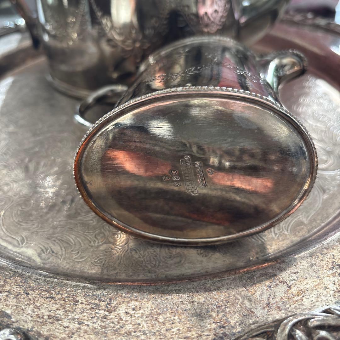 イギリス製　アンティーク　シルバーポットティーセット　トレイ　おまけ付き