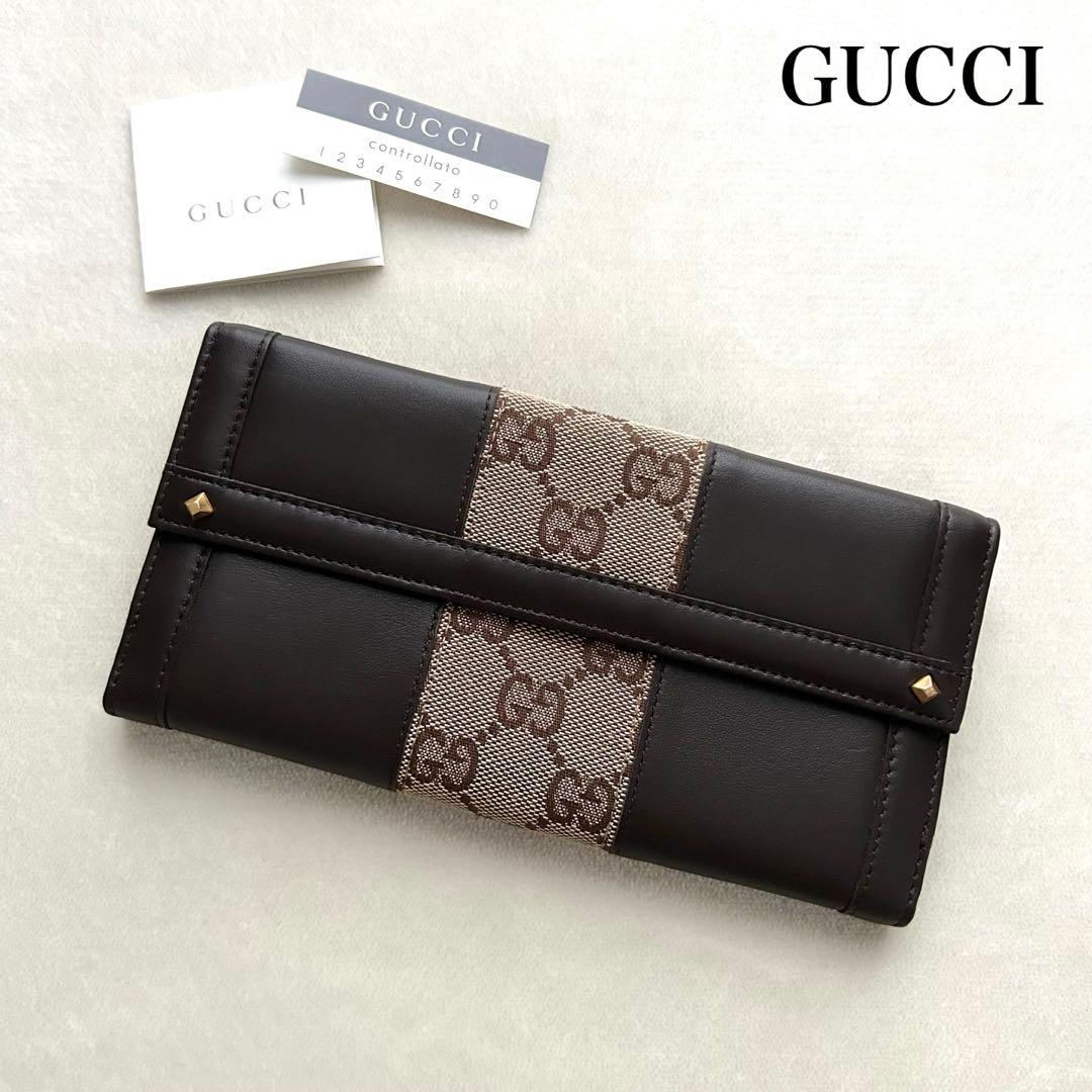 美品 GUCCI グッチ 長財布 レザー GGキャンバス ブラウン
