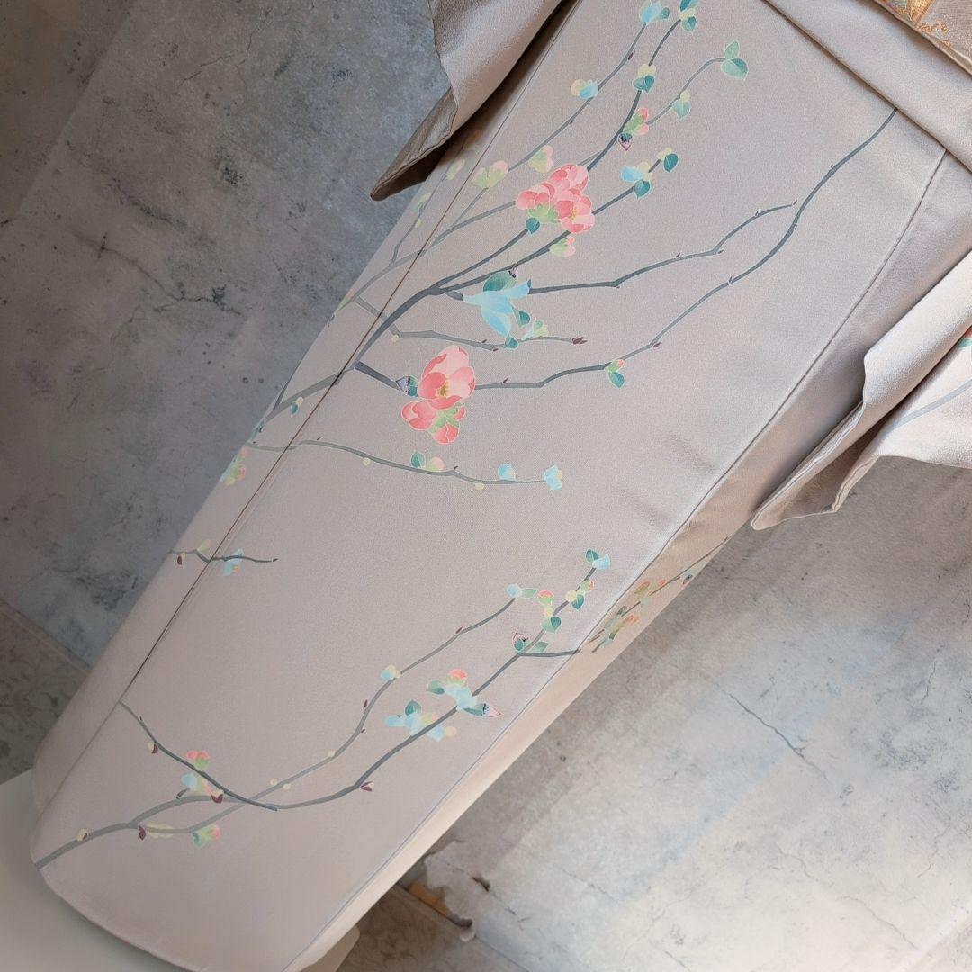 訪問着　フルセット　着物　正絹　加賀友禅　虫食い　淡いベージュ　枝葉　落款O2