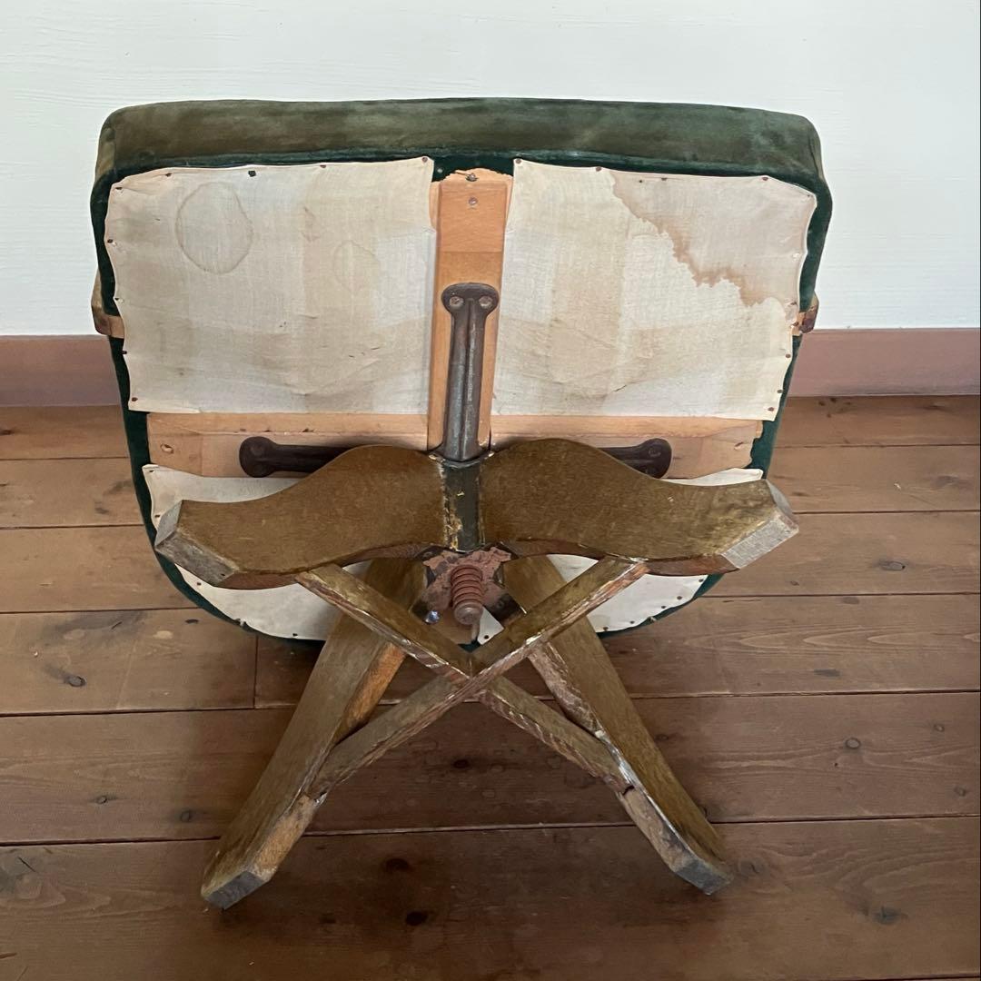 ドクターチェア 回転椅子 昭和レトロなグリーン 布地 スワベルアームチェア