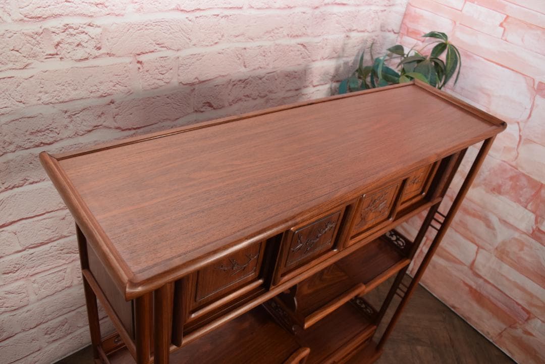 中澤唐木(大阪唐木) 総紫檀 茶棚 梅鶯紋 日本伝統工芸士 伊藤晁次 作