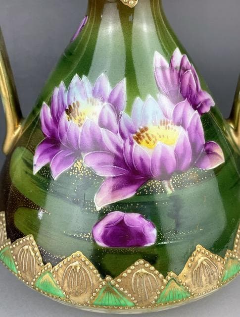 【希少】 オールドニッポン 20.3㎝ 水連図 両耳花瓶 金盛り 緑 グリーン