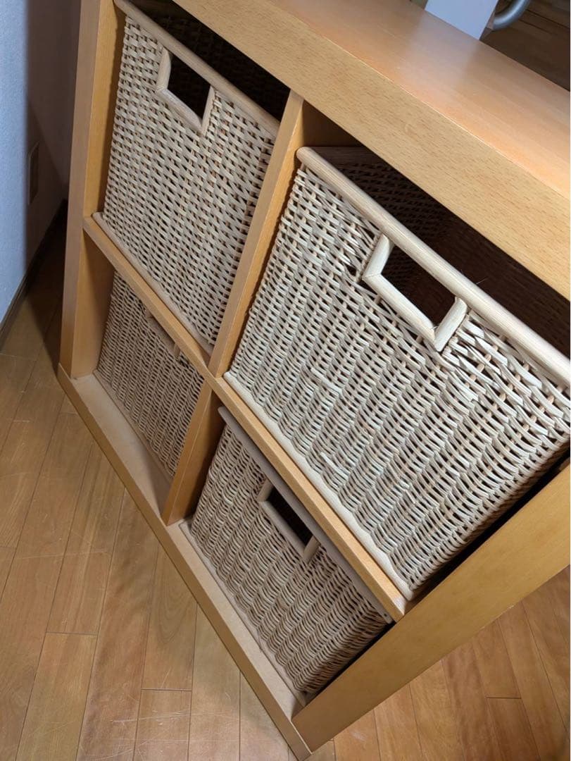 ■送料込■無印良品 オープンシェルフ 木製棚 スタッキング 収納カゴ付きラタン