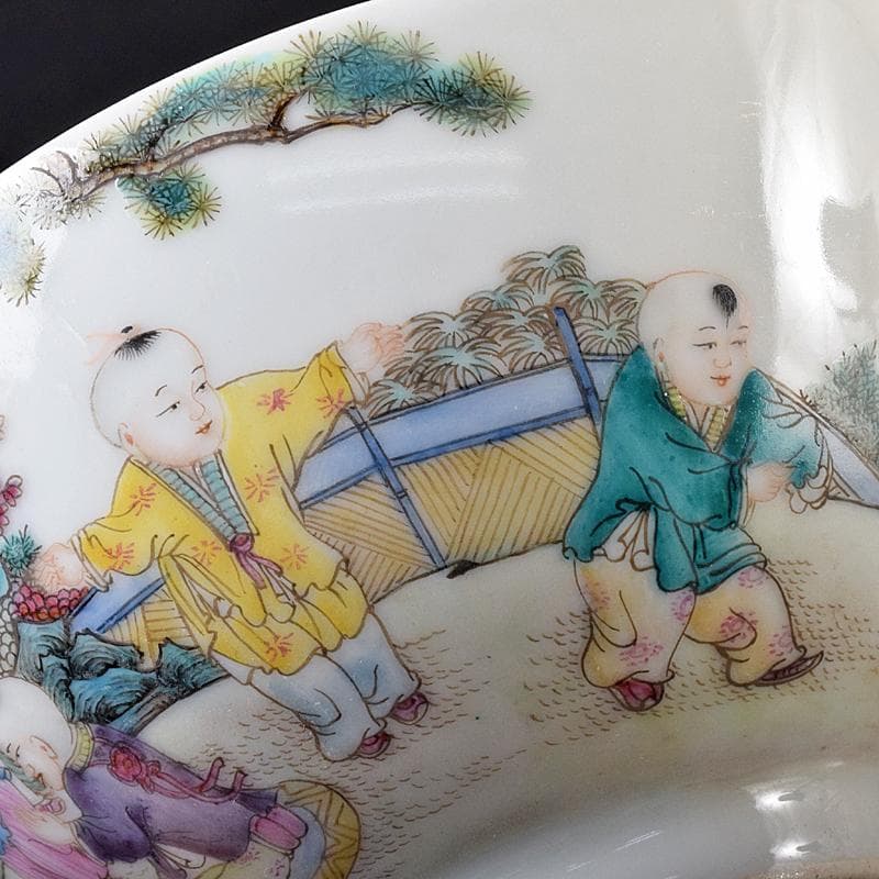 中国　雍正年製　粉彩漢詩唐子文碗　C　8019E