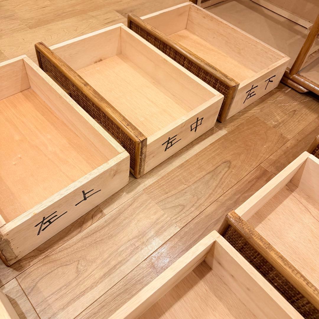 アンティーク ラタン 籐 ワイド ローチェスト 棚 10杯 テレビ台 昭和レトロ