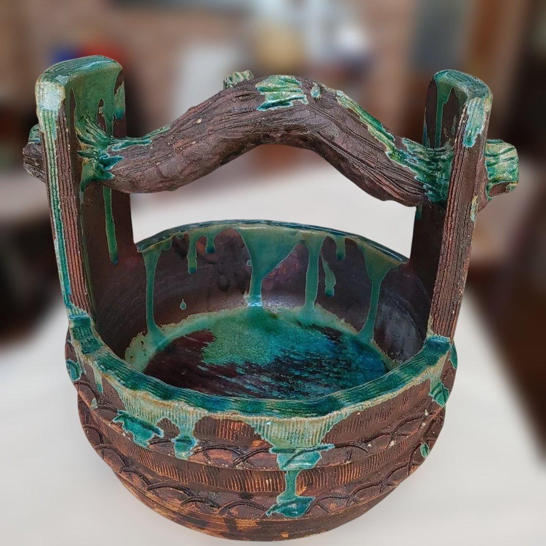 花器　置物　装飾品　手桶デザイン昭和ヴィンテージ　骨董品　益子焼