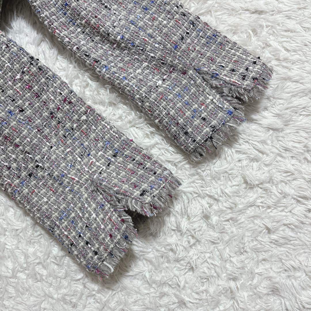極美品✨Theory ノーカラージャケット　ミックスツイード　フリンジ　2