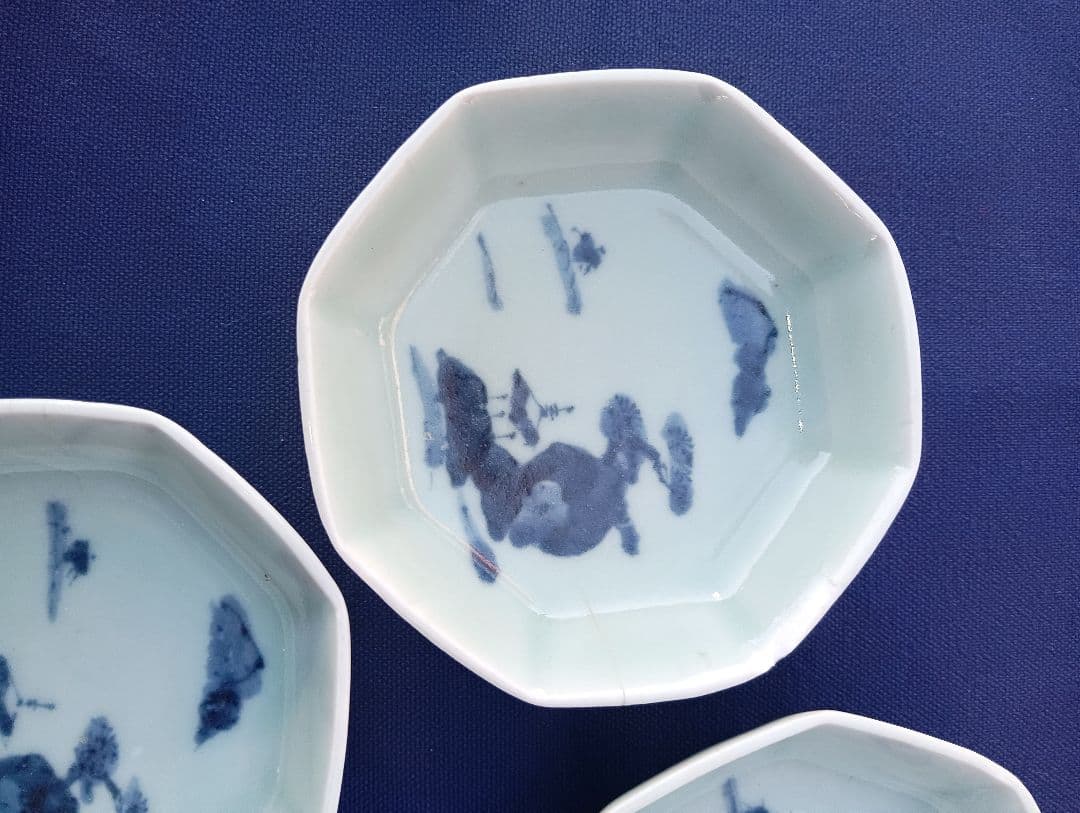 青い絵柄の八角形陶器皿5枚セット　古伊万里　小皿