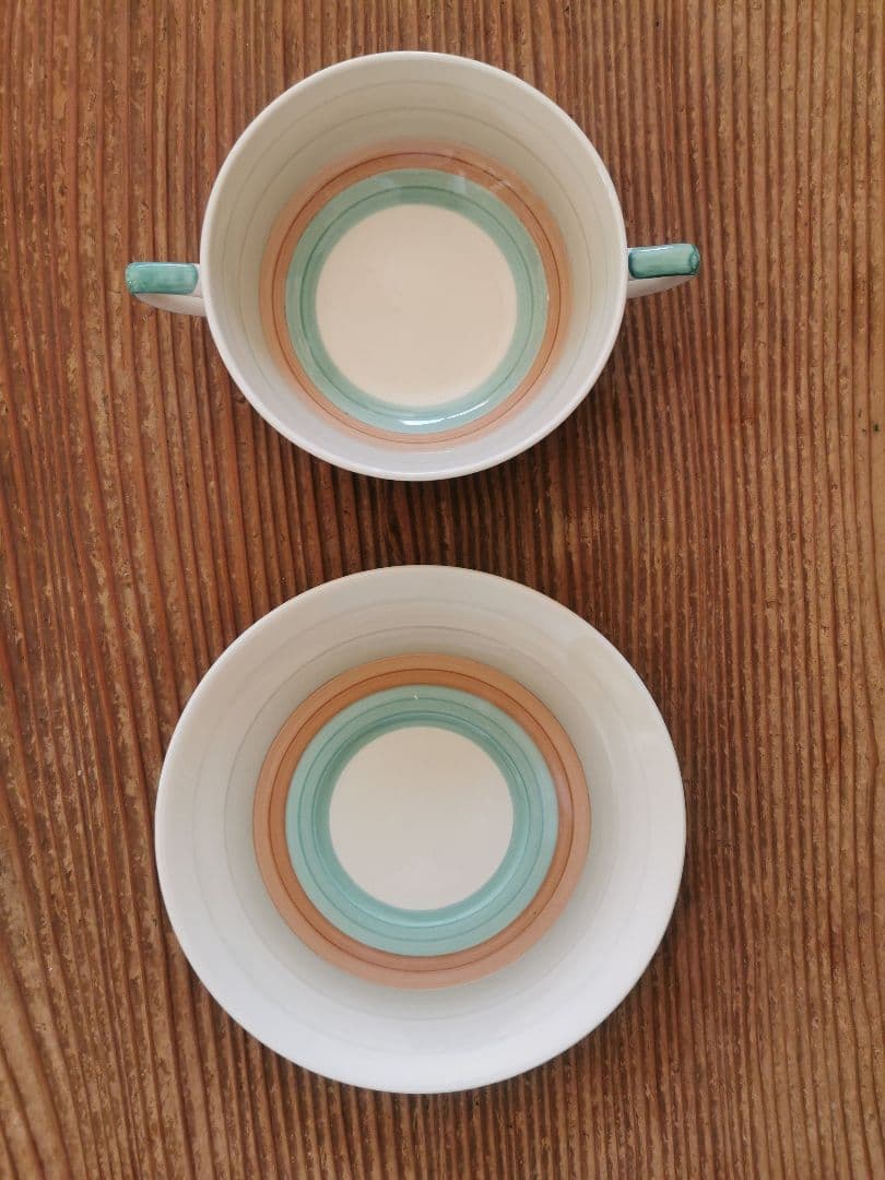 アンティーク スージークーパー スープカップ２客 ウェディングリング ピンク＆緑