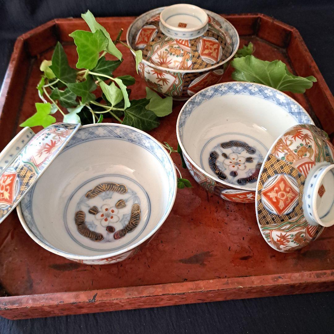 「蓋茶碗の色絵とフォルムを楽しむ！」 古伊万里茶碗(直径11.5cm)3客セット