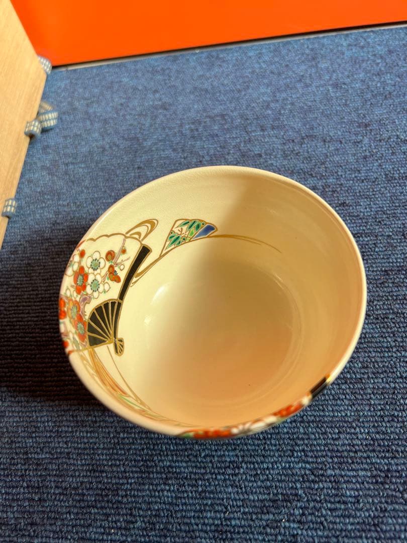1086 東福窯　中村能久　色絵流水扇面四季草花図　三点揃　未使用