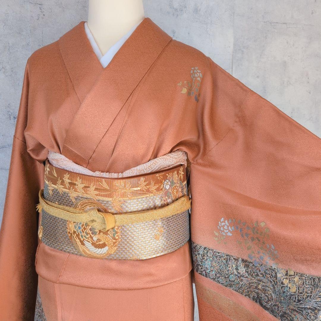 訪問着　フルセット　着物　正絹　トールサイズ　赤橙　金　豪華　鳥　祝い事　F7