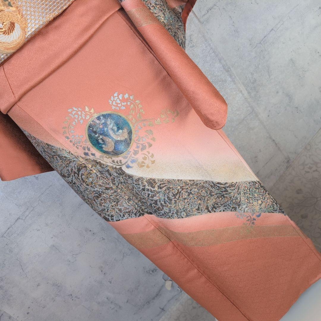 訪問着　フルセット　着物　正絹　トールサイズ　赤橙　金　豪華　鳥　祝い事　F7