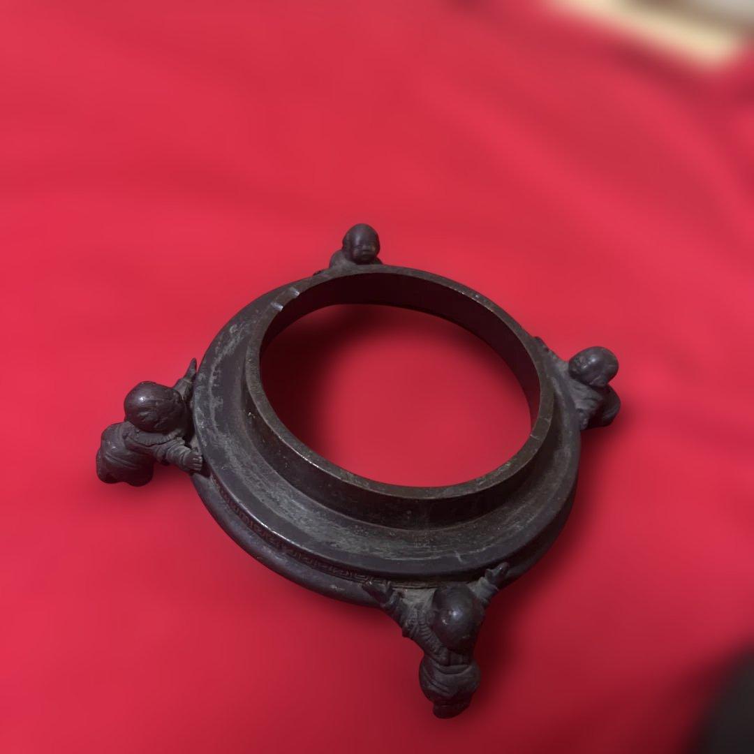 古美術　骨董品　茶道具　古銅花器　竹編紋　在銘　唐子足