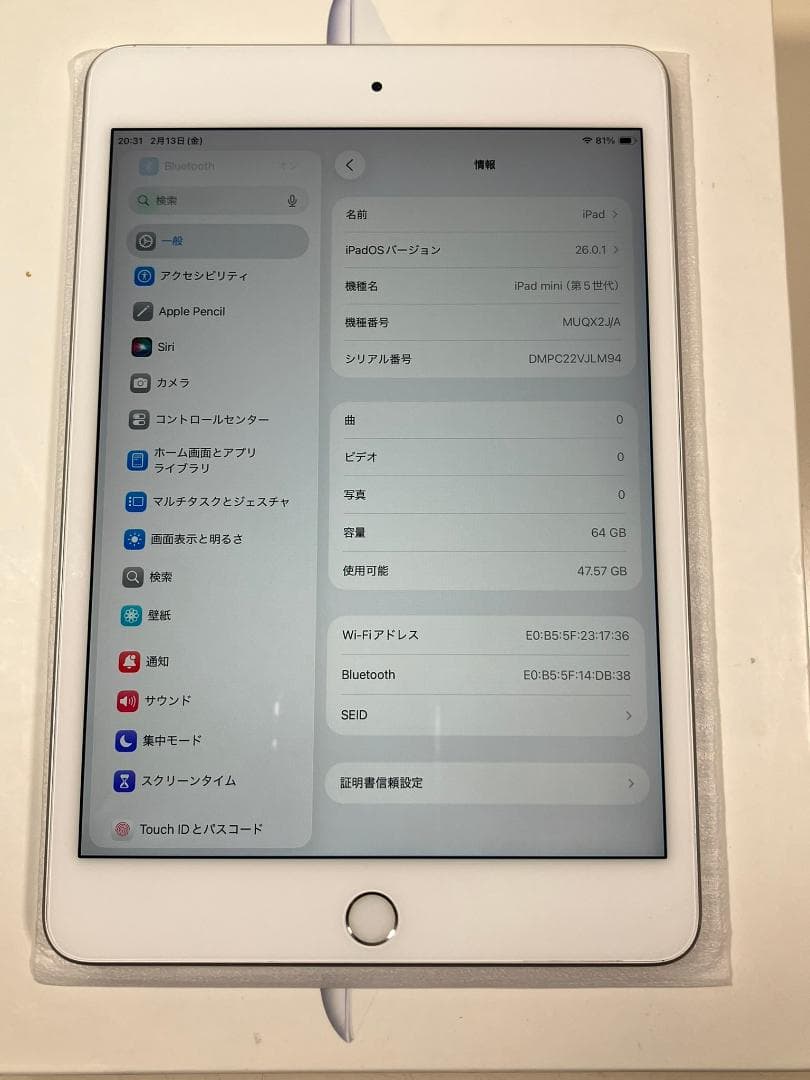 iPad mini5 シルバー 64GB WI-FI カバーガラス付 中古品