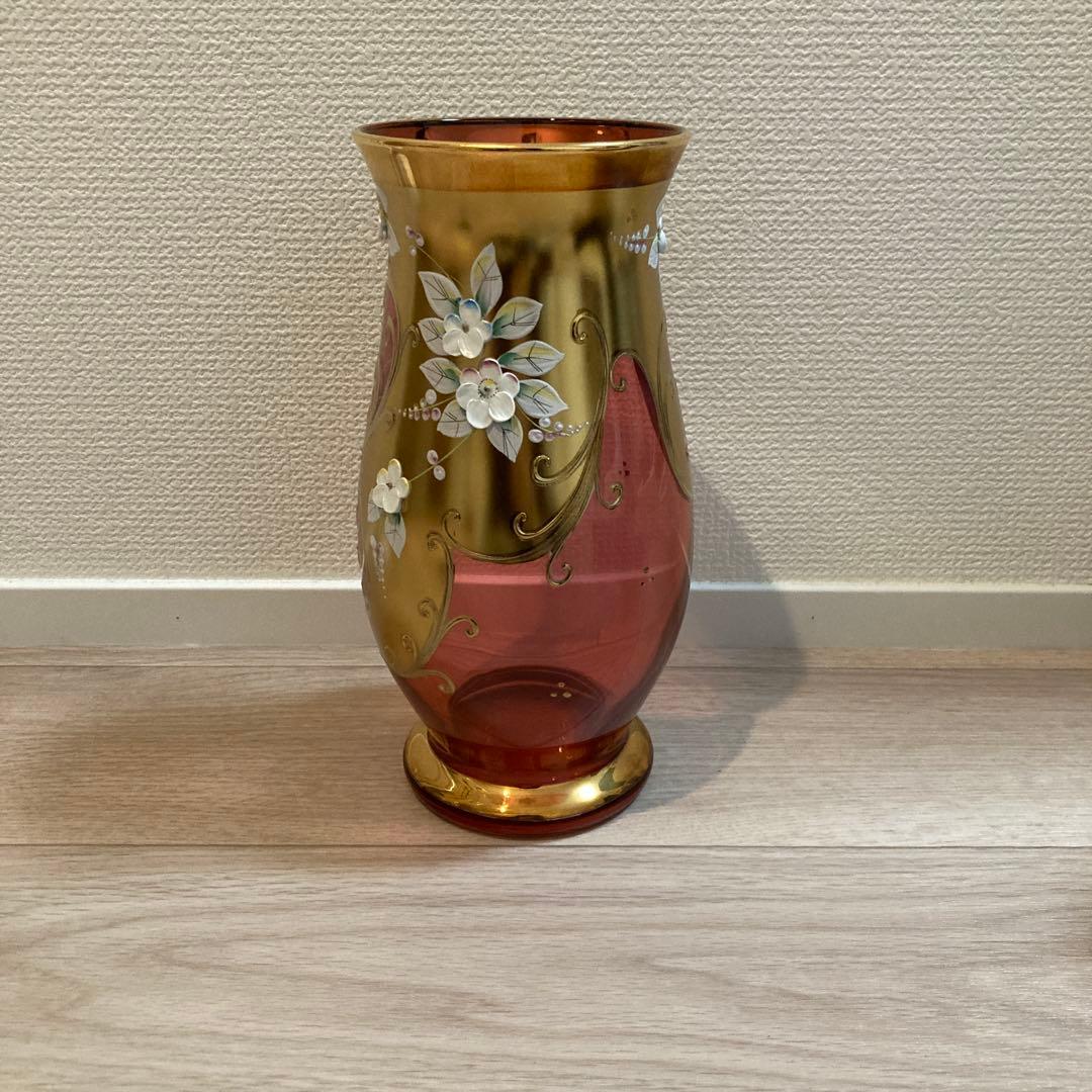 ボヘミアンガラス 花瓶 フラワーベース 花柄 ゴールド ピンク C3