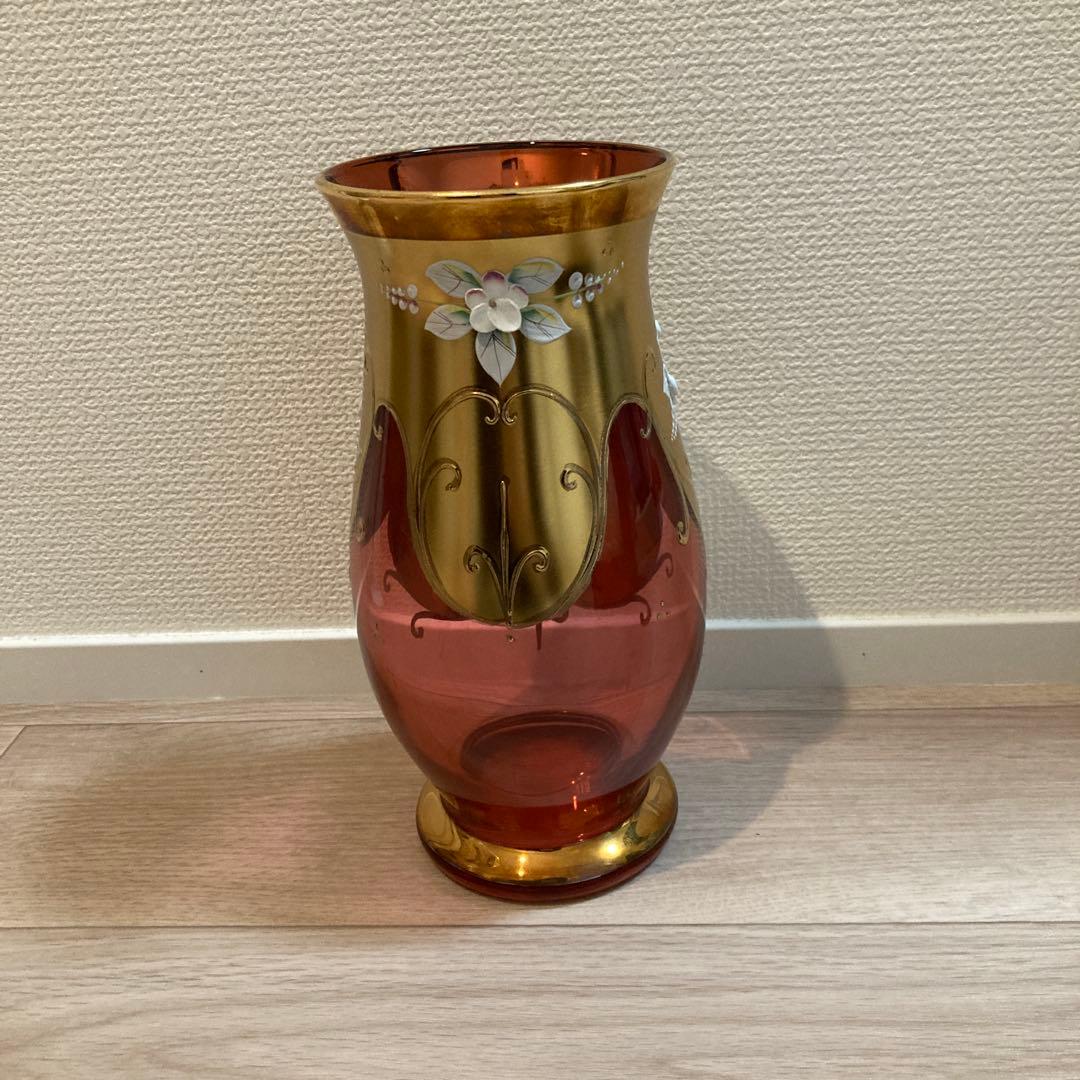 ボヘミアンガラス 花瓶 フラワーベース 花柄 ゴールド ピンク C3