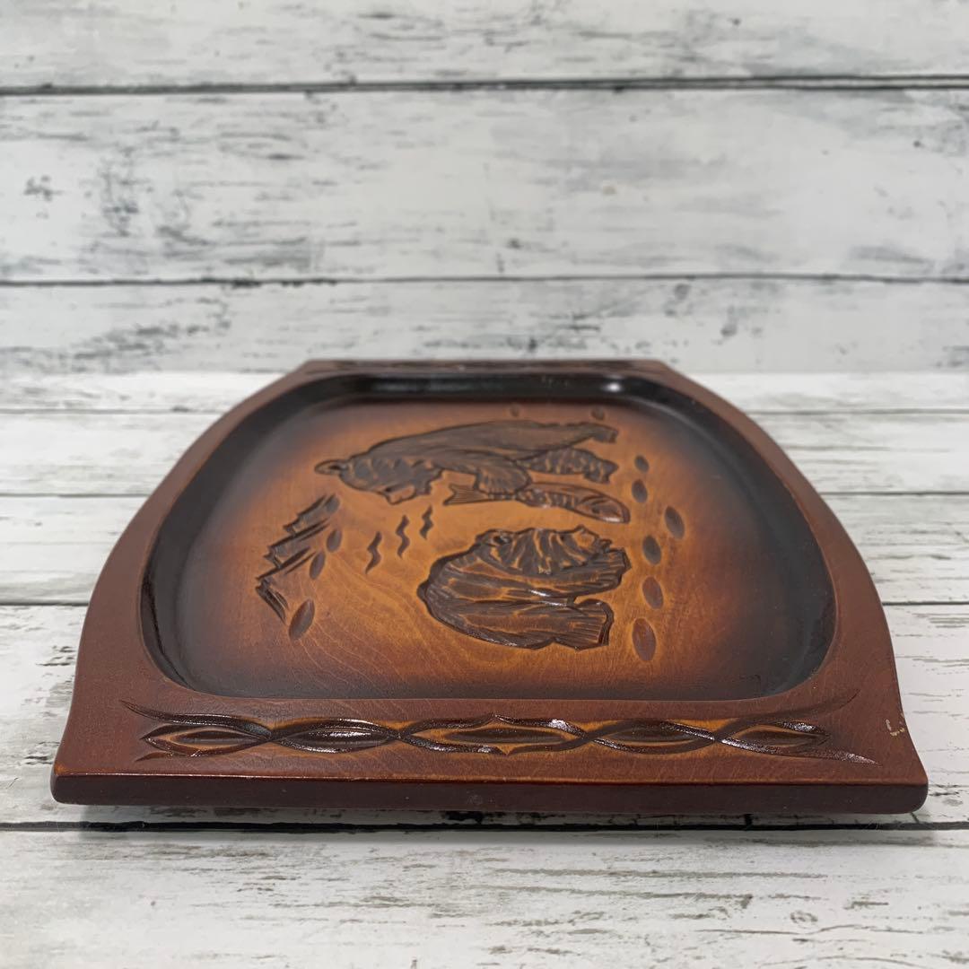 木彫 お盆 北海道 熊 鮭 民芸品