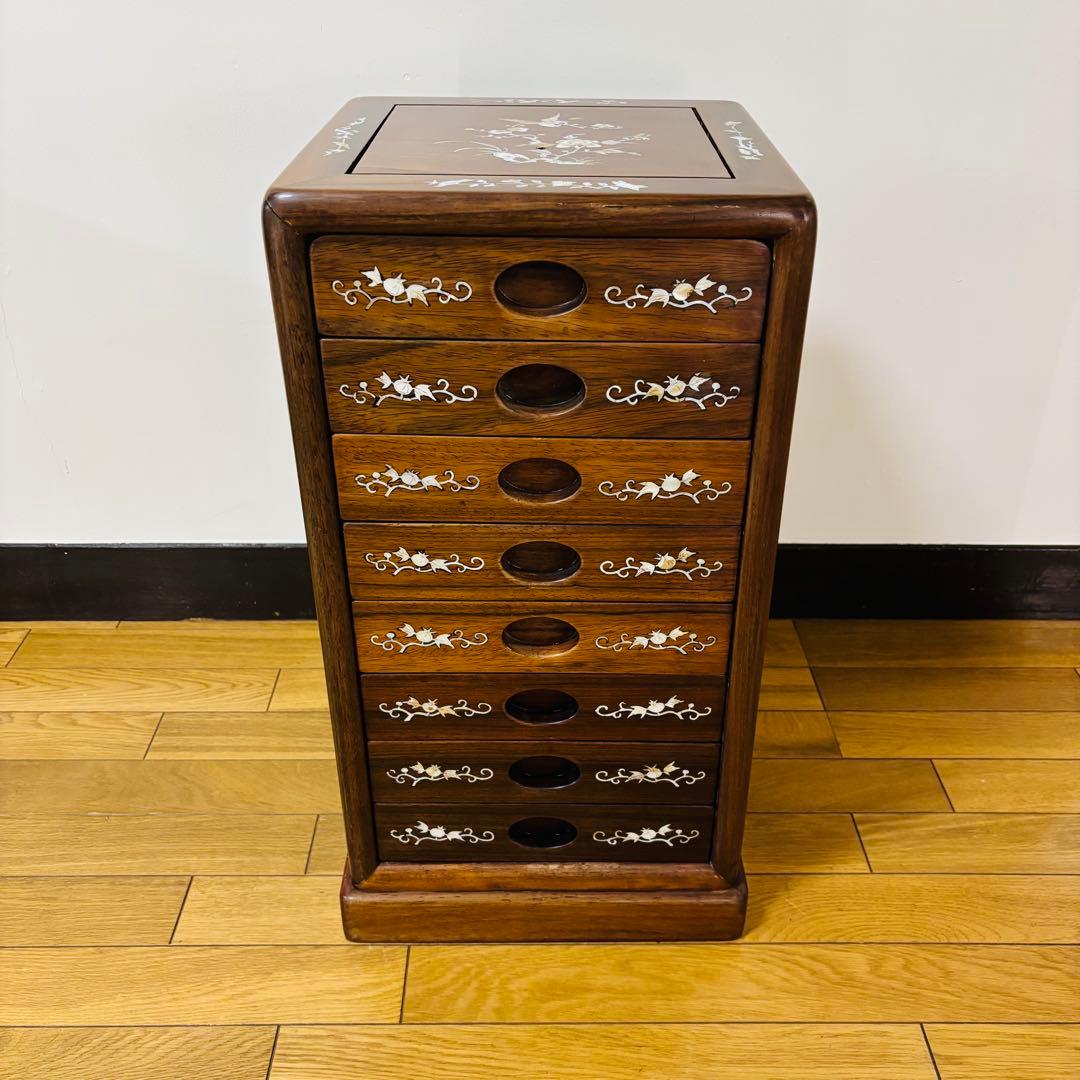中国骨董 唐木 花梨 無垢材 螺鈿細工 小引き出し 8杯 8段箪笥 箪笥 タンス