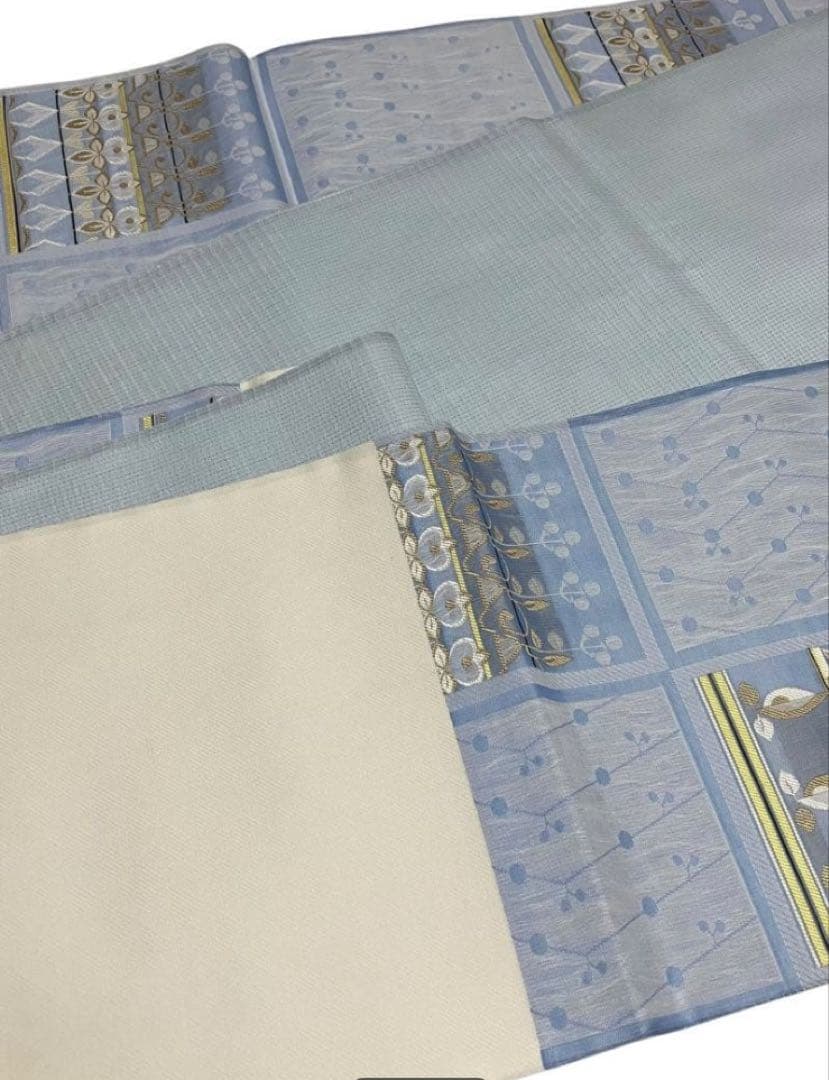 夏帯 袋帯 六通柄 正絹 格子柄 葉文 未使用 イ6533