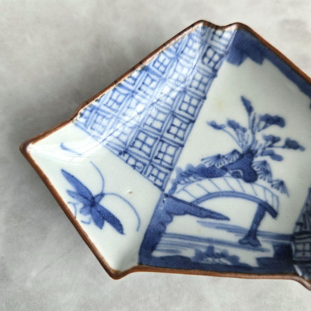 古伊万里　染付　小皿　豆皿　結び文　上手　型物　骨董品　アンティーク　金継ぎ