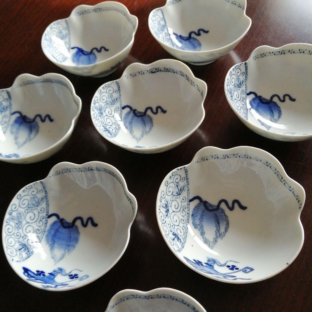 伊万里　染付宝袋形向付　9客　11.5cm　明治～大正期