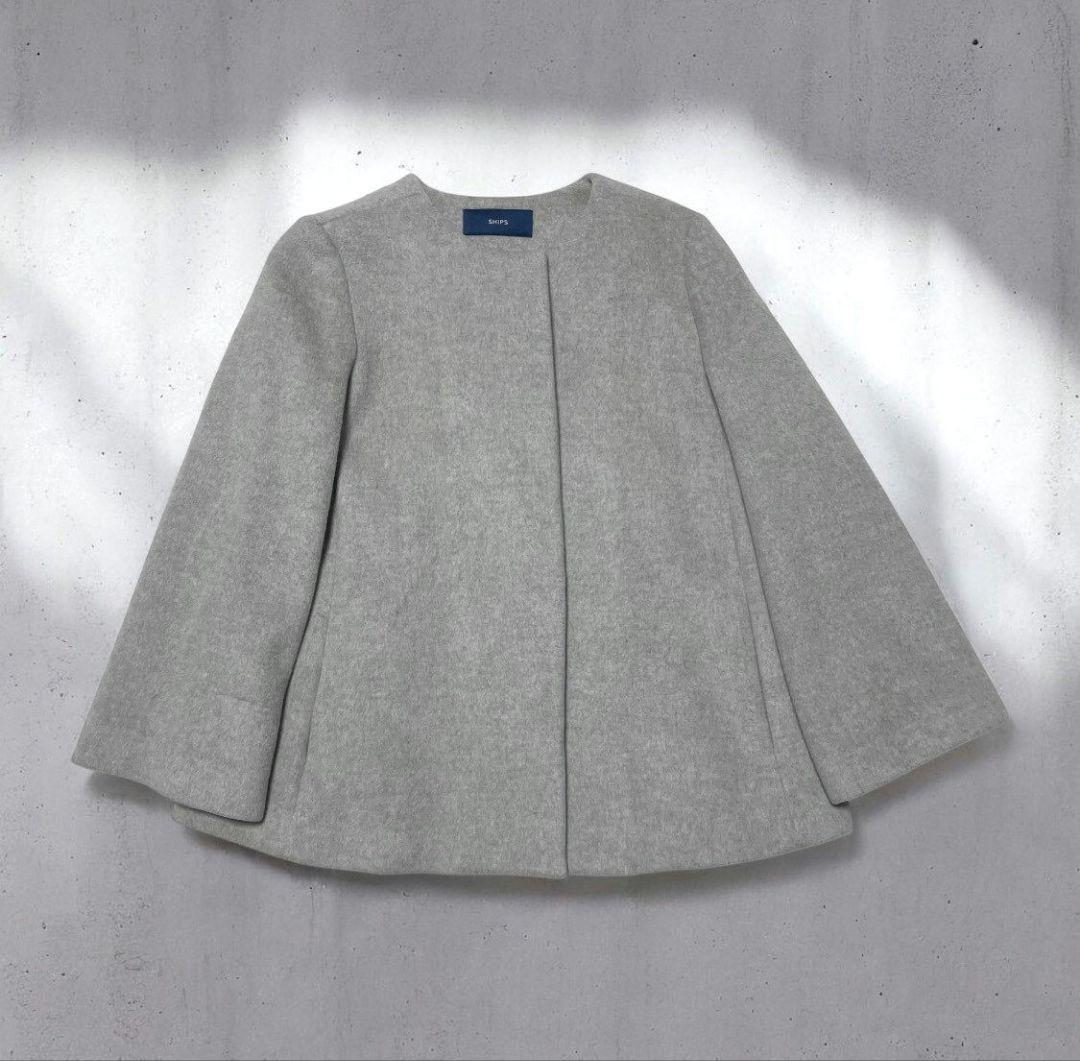 SHIPS シップス ノーカラーショートコート ウール グレージュ