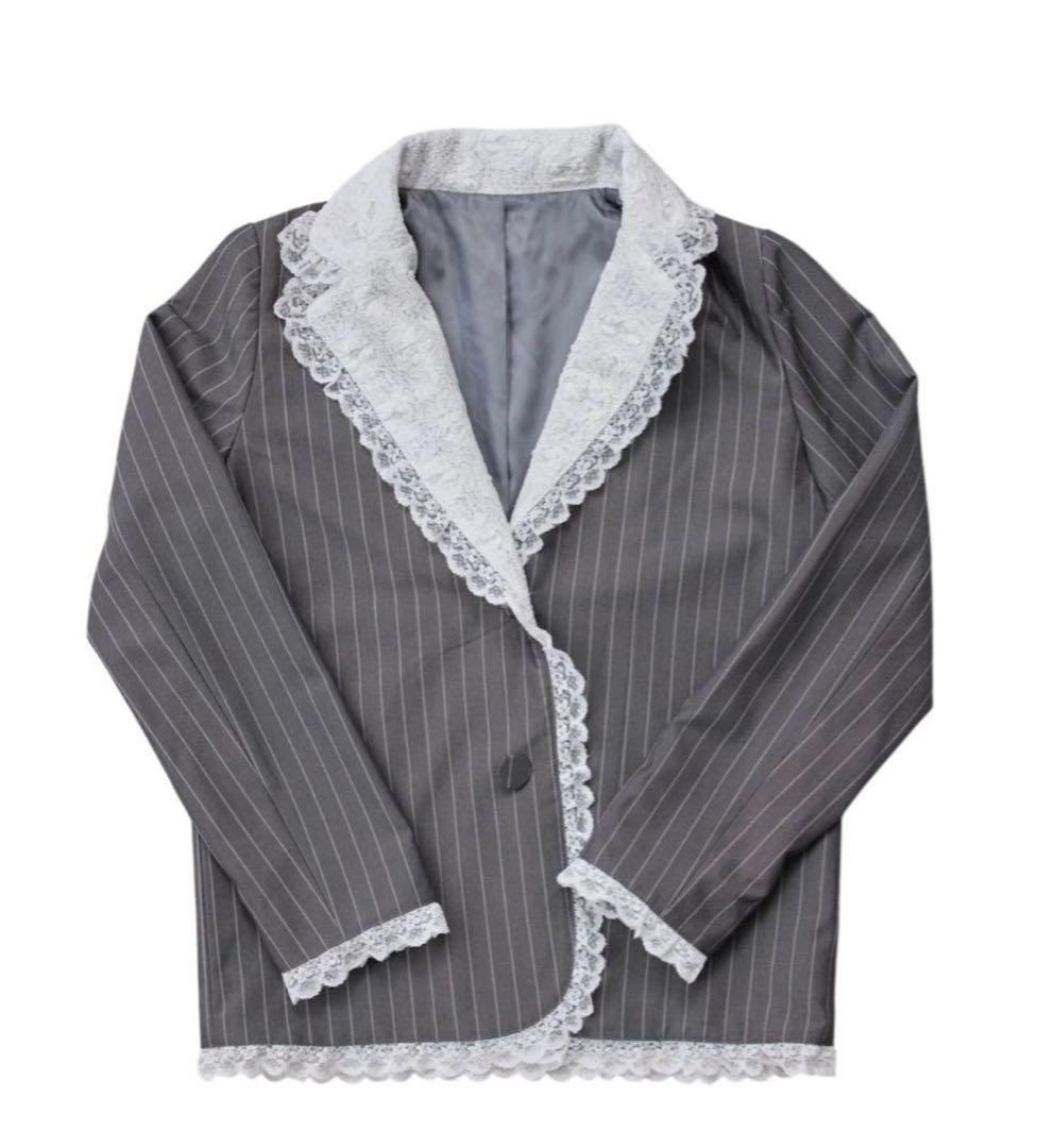 Treat Ürself lace stripe jacket グレー タグ付
