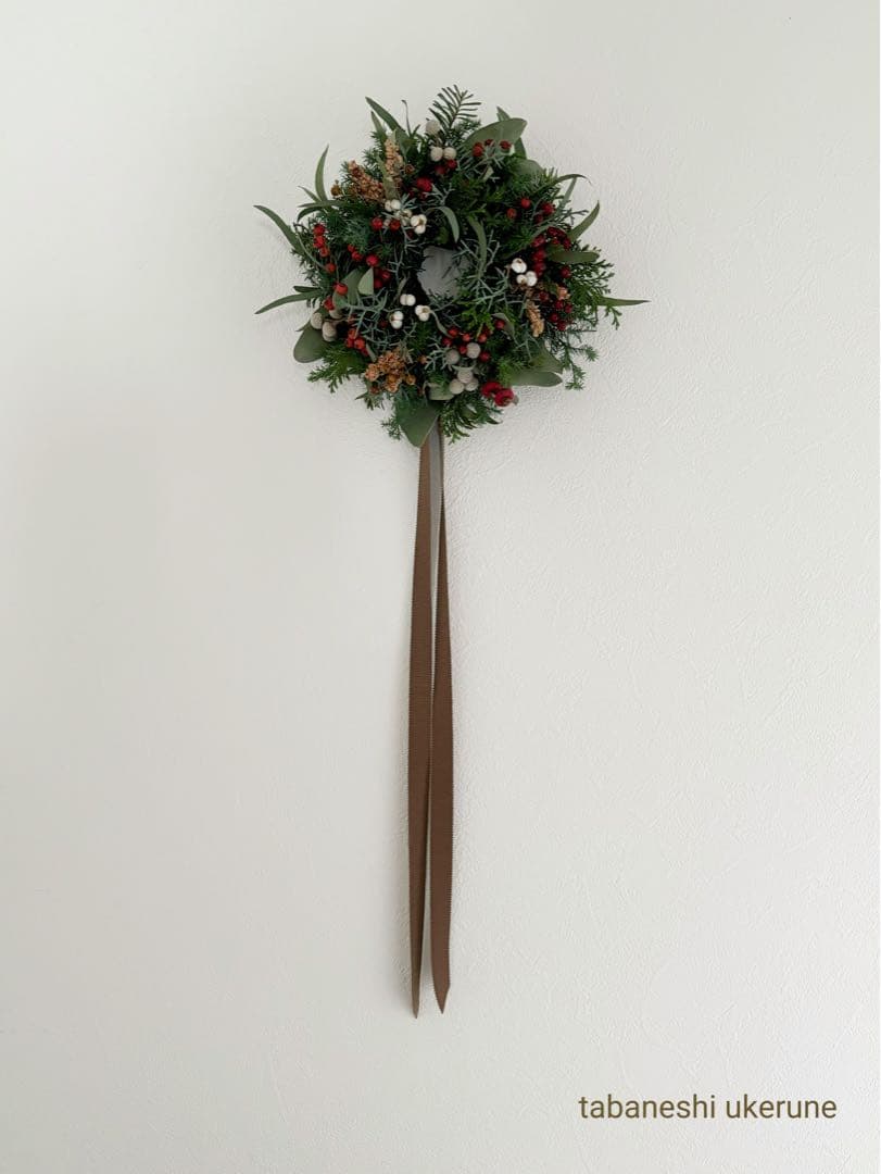 モミの木と赤い野バラの実や数種類の針葉樹を紡いだ可愛らしい　クリスマス　リース