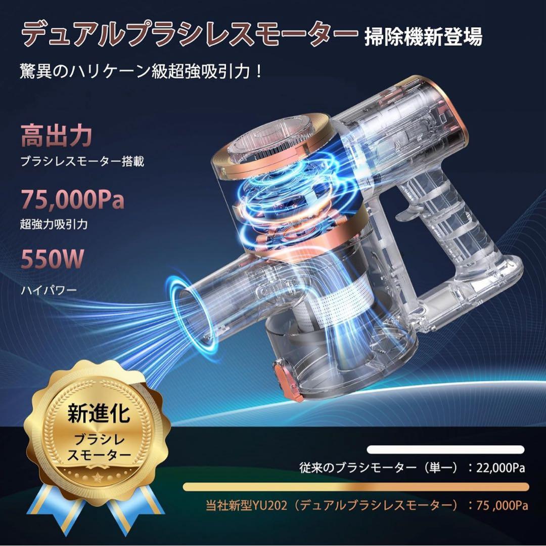 掃除機 コードレス 75Kpa真の超強力吸引 同クラス最軽量 自立式 55分稼働
