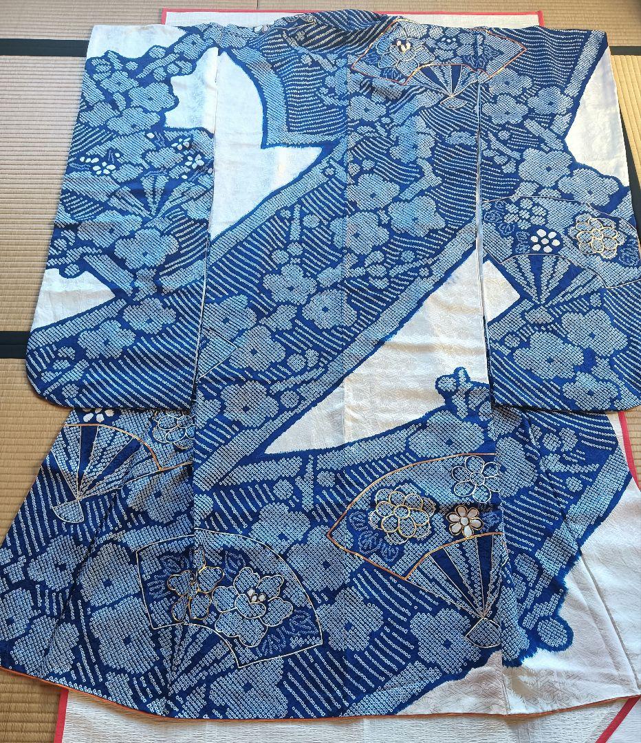 レトロモダン トールサイズ　振袖フルセット　絞り　青　丈166 裄69　美品