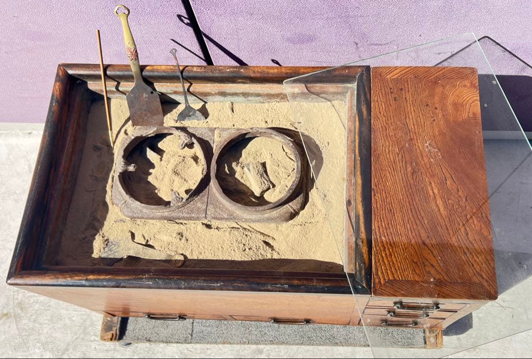 木製火鉢 引き出し付き ガラス蓋