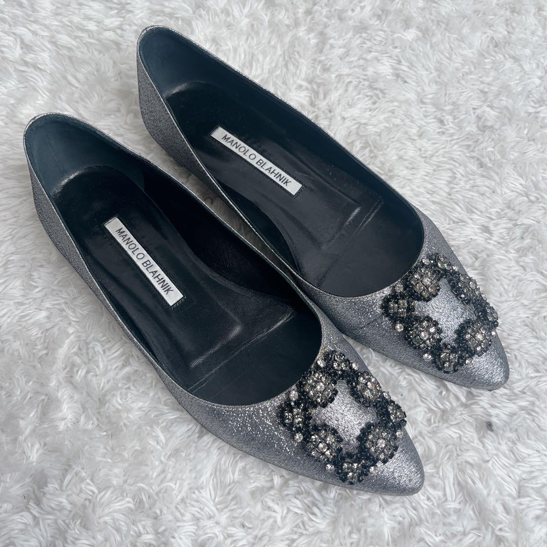 良品 マノロブラニク ハンギシ シルバー フラット パンプス ラメ 保存袋 37