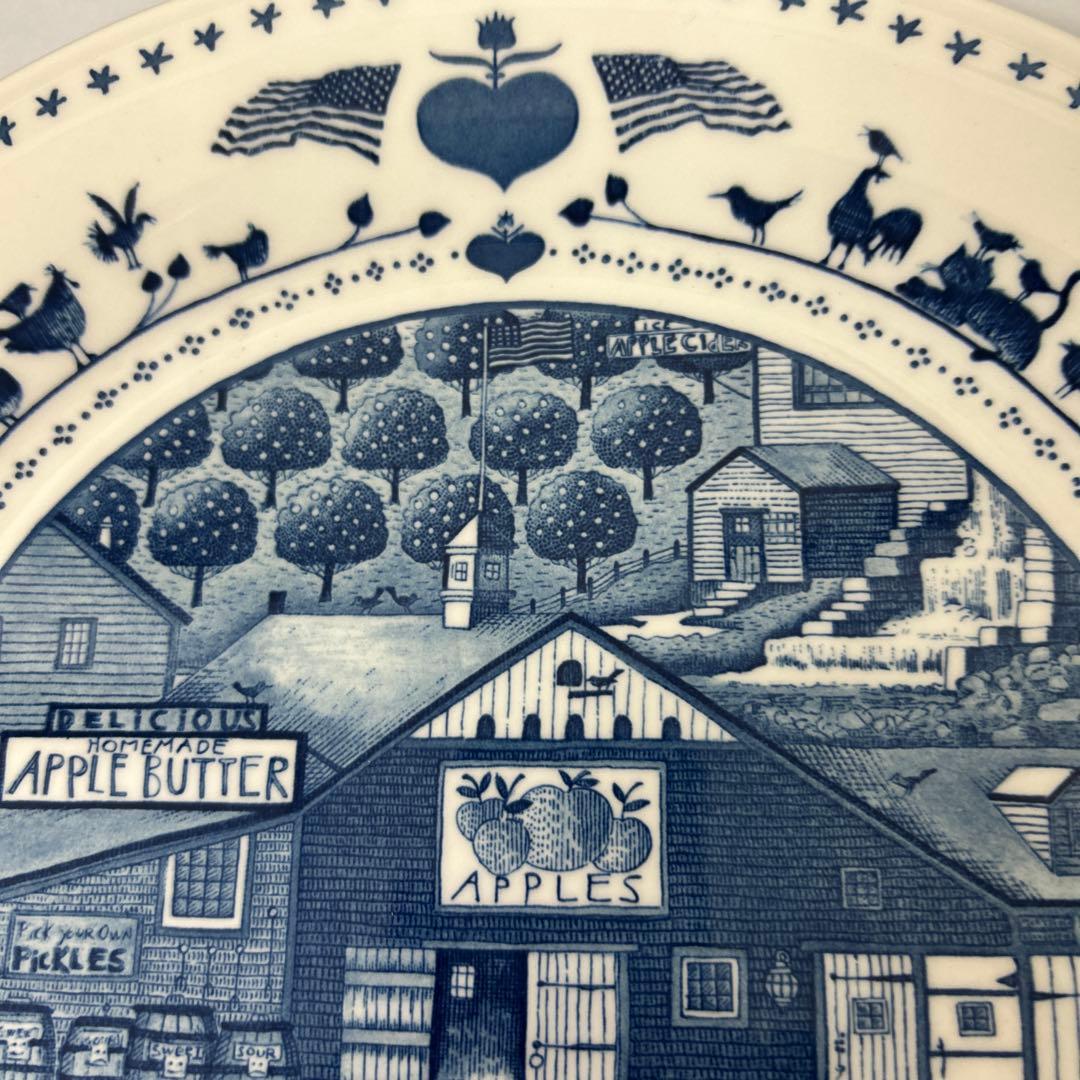 青色風景画の陶器皿 約30cm